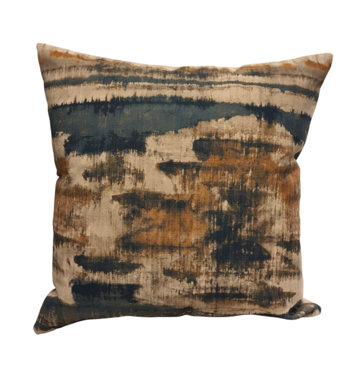 The handmade cushion cover front with the abstract pattern in colours of blue, gold and a creamy beige colour.