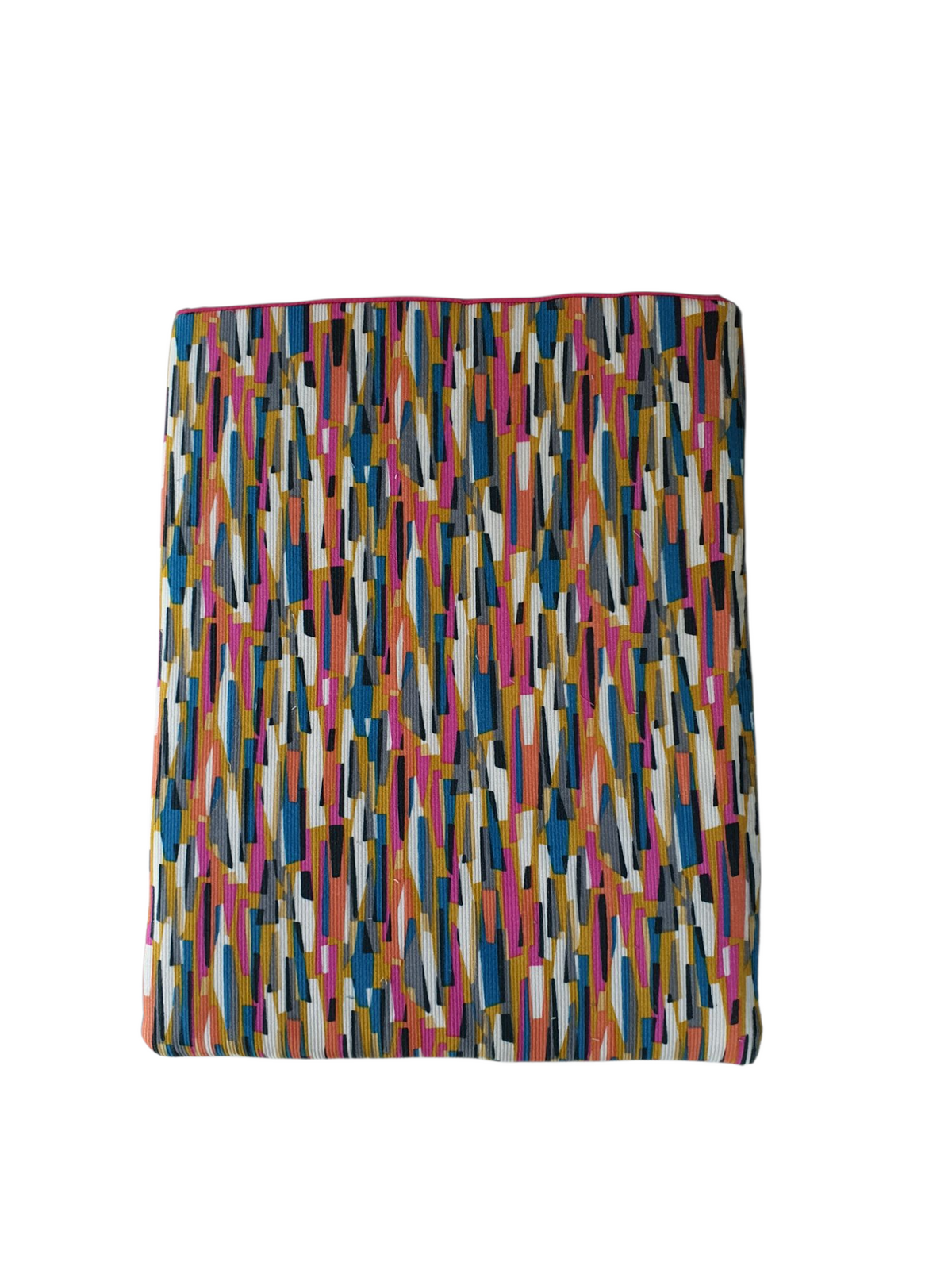 A full photo of the handmade Book Sleeve showing the full pattern of the multicolour striped fabric.
