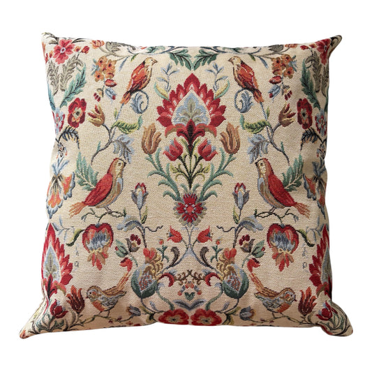 William Morris Red and Gold Birds Tapestry Cushion Cover, showing the patterned front