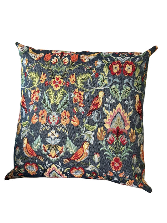 Handmade zipped cushion cover made with William Morris Floral Birds fabric.  The pattern is on a dark blue background, is complemented neutral fabric on the reverse and fastens with an enclosed zip.