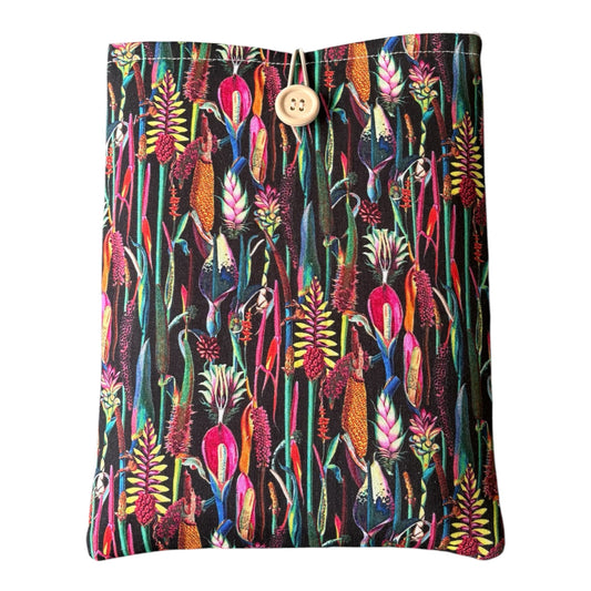Black Tropical Botanical Padded Book Sleeve, showing the fabric pattern