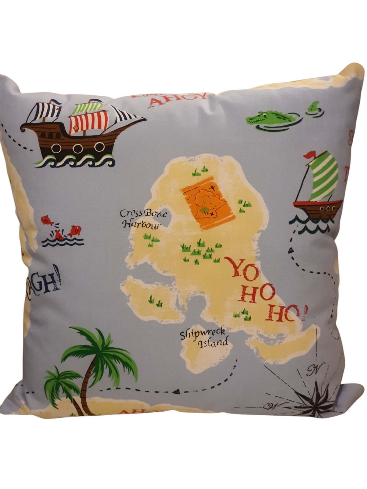 Handmade zipped cushion cover made with Laura Ashley pirate themed fabric.  The cushion cover is approximately 17 inches by 17 inches and is complemented with neutral fabric on the reverse.