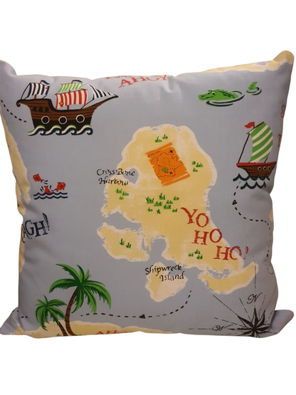 Handmade zipped cushion cover made with Laura Ashley pirate themed fabric.  The cushion cover is approximately 17 inches by 17 inches and is complemented with neutral fabric on the reverse.