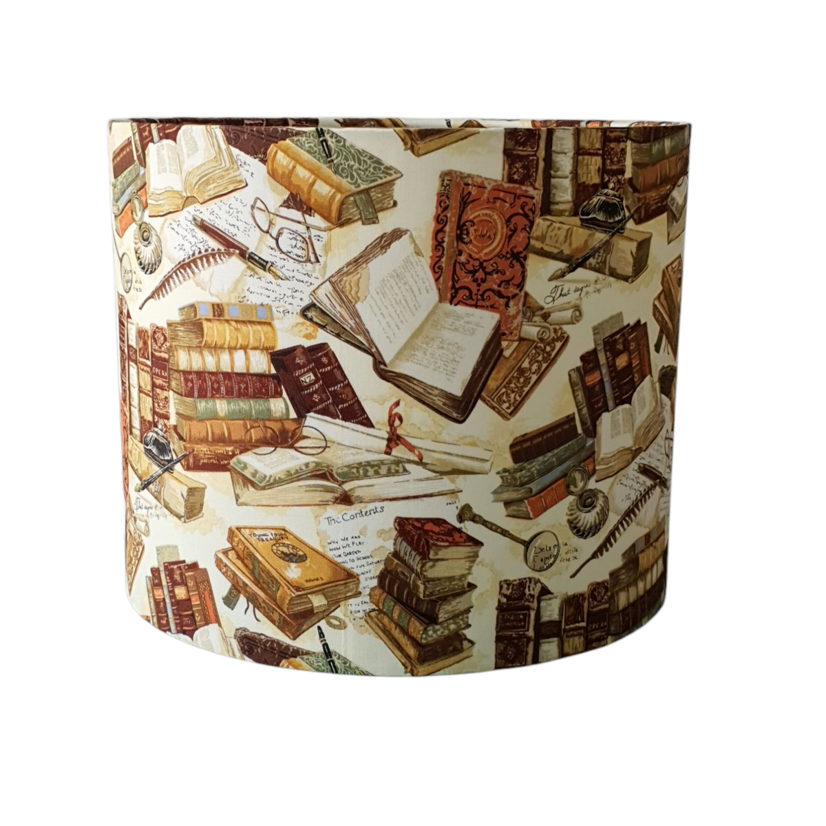 Library Books drum lampshade showing vintage books and writing details.
