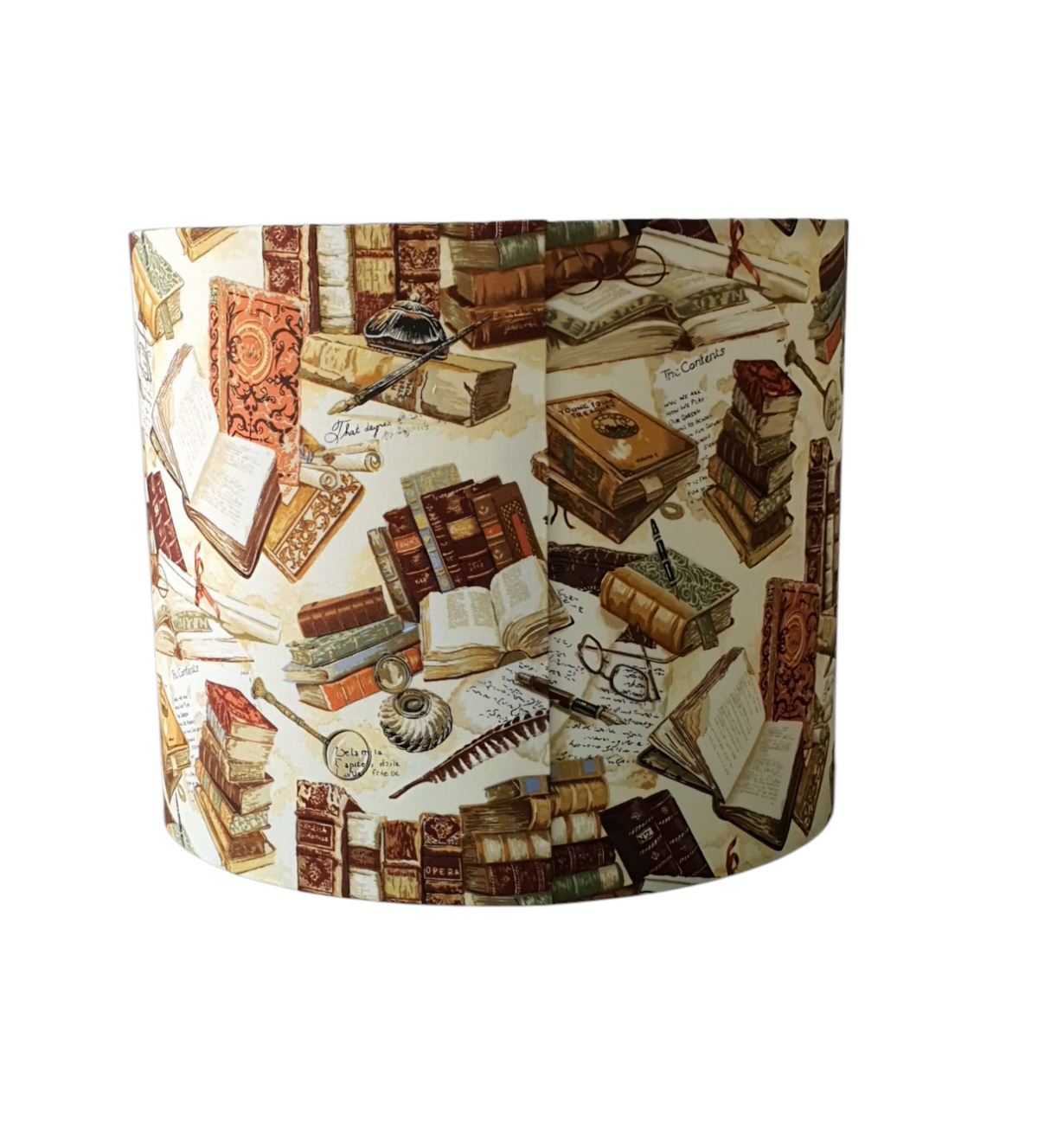 Library Books drum lampshade side view of the book pattern.