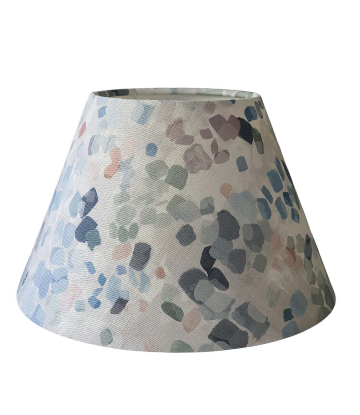 Handmade 30cm conical shade in blue grey abstract patterned fabric by John Lewis.  The handmade conical shade is 30cms wide at the base, top is 15cms wide and the shade is 20cms in height.  The shade would be suitable for a lamp base or a ceiling fitting.
