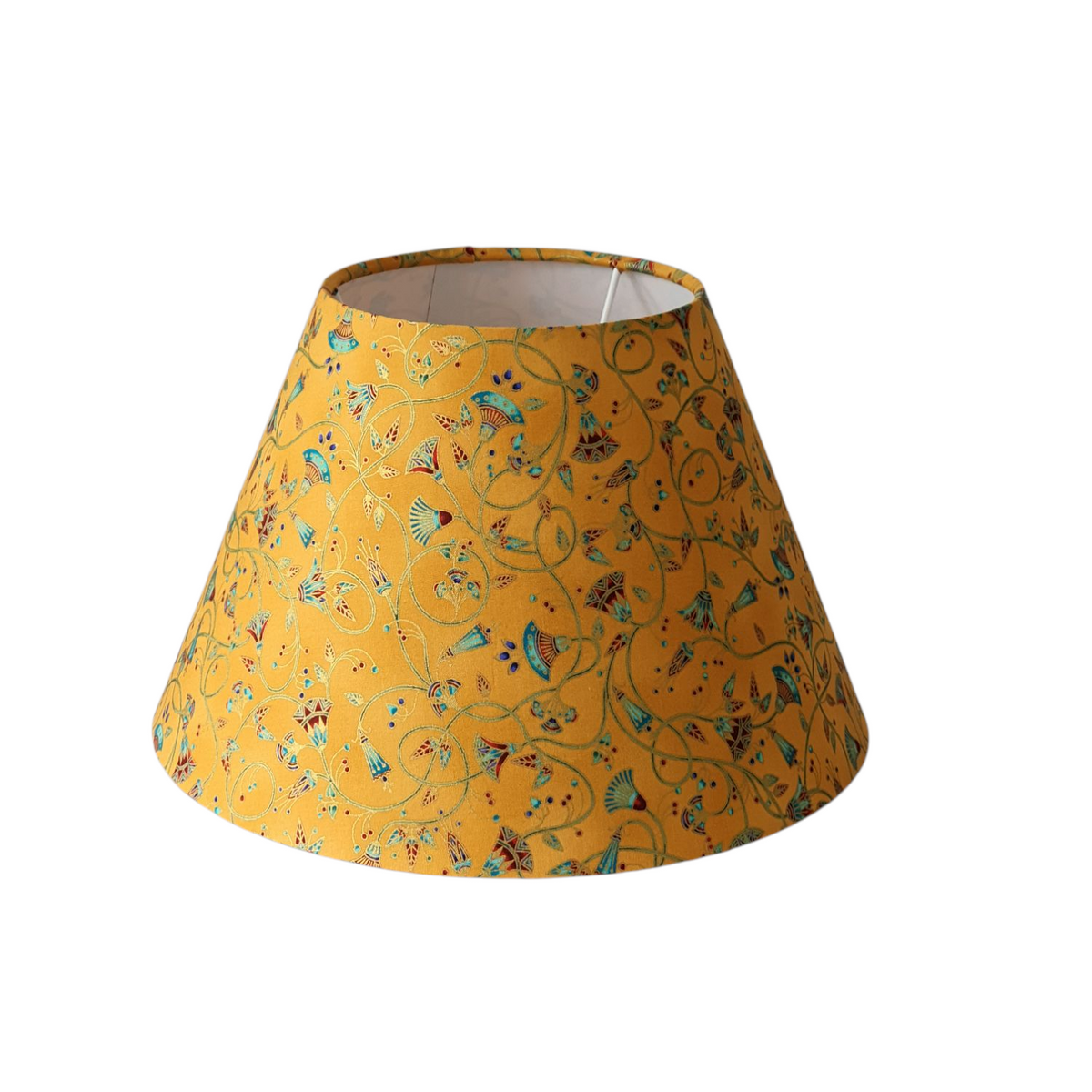 Handmade conical/coolie 30cm shade.  The handmade shade has been made with Japanese design fabric from the Ancient Beauty rang of fabrics by Robert Kaufman.