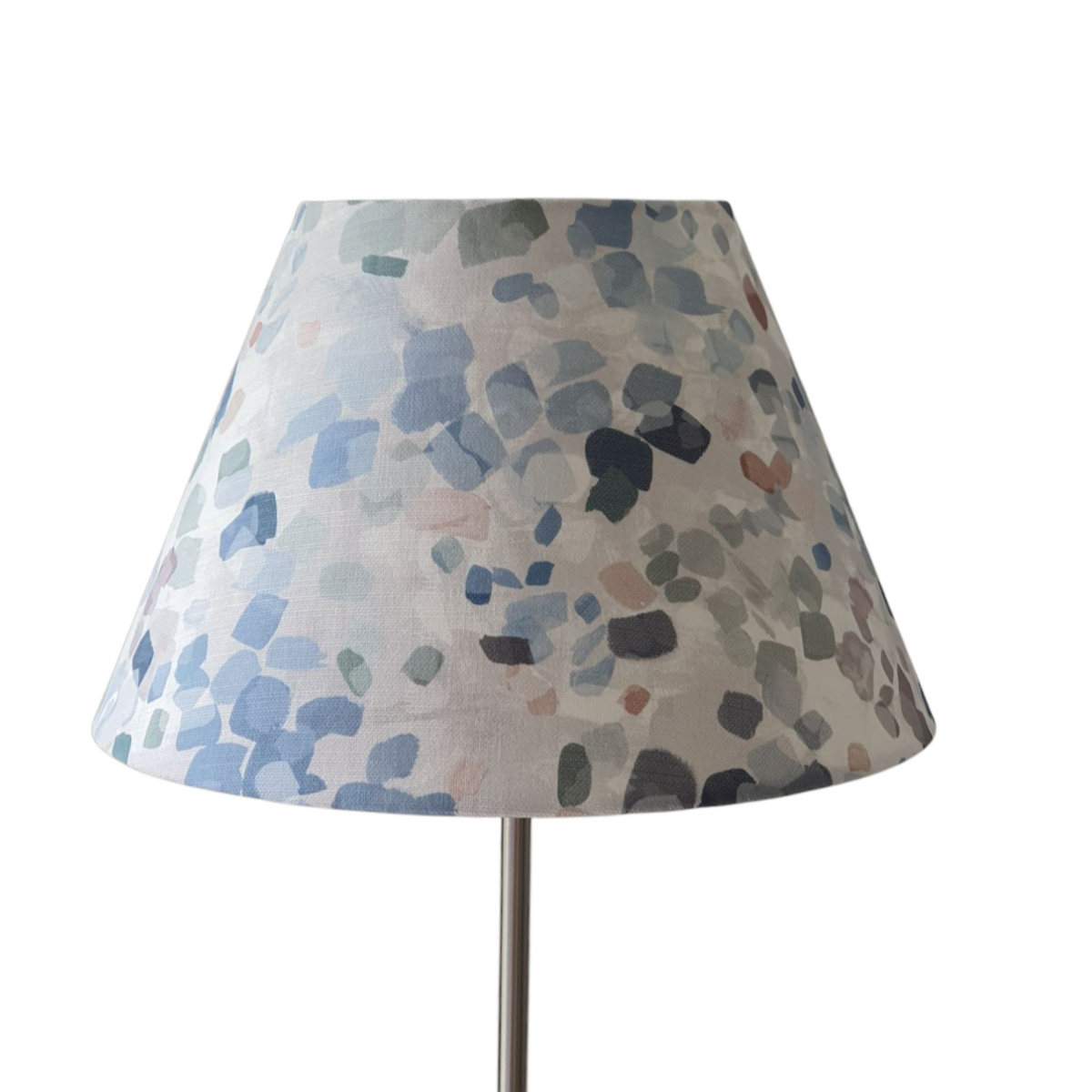 Another close up of the handmade fabric shade which shows the different colours of the abstract patterned fabric, by John Lewis, which has been used.