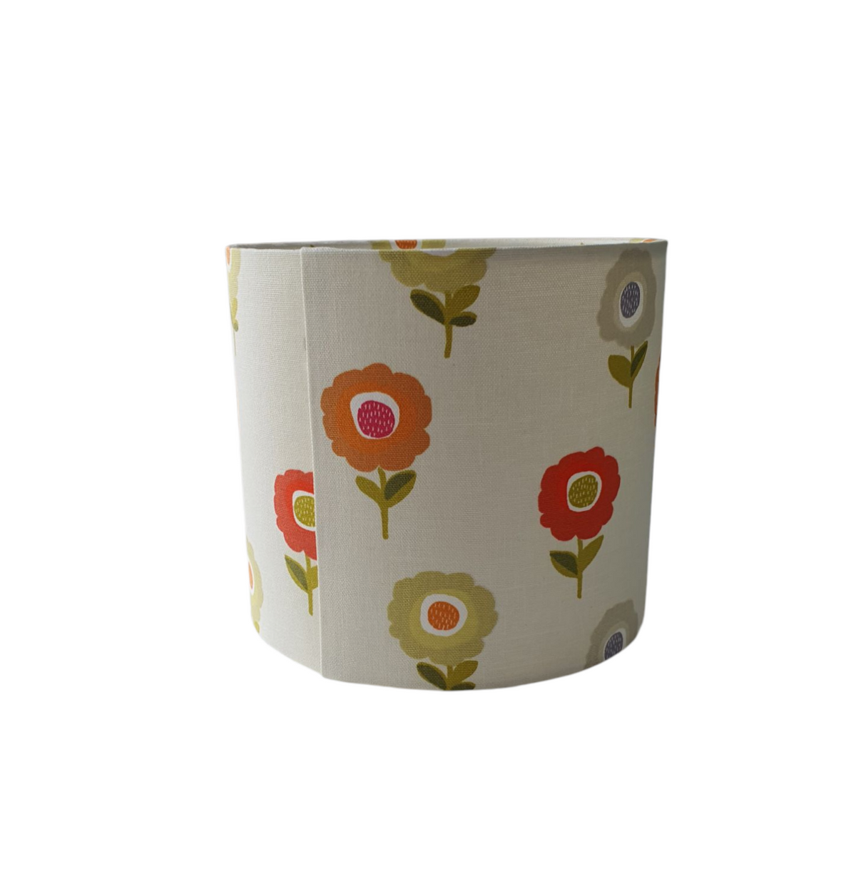 A view of the back of the handmade drum lampshade which shows the join and note the pattern does not match at the seam due to the pattern placement and pattern repeat.