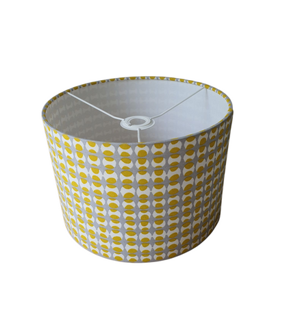 A photo of the shade with the ring for the bulb at the top and again showing how the shade can be used for a ceiling fitting.