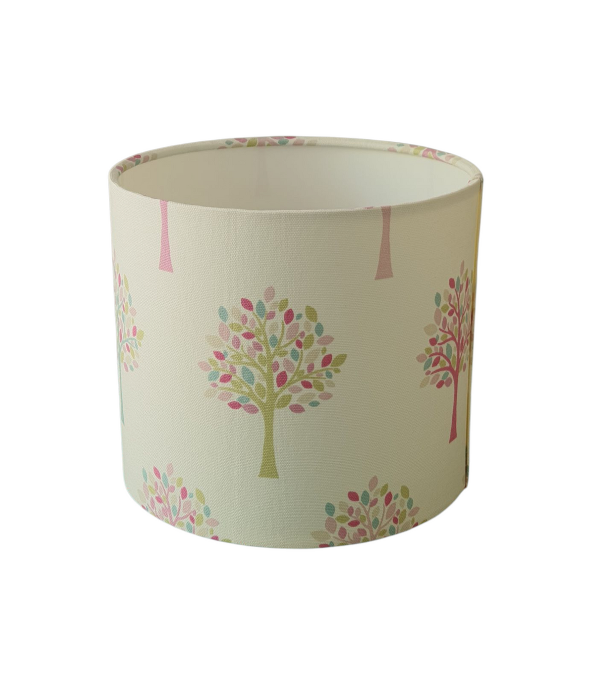 Handmade 20cm drum lampshade made with pretty Fryetts Orchard Candy fabric.  The handmade shade is only suitable for a lamp base and not a ceiling fitting due to the direction of the pattern.