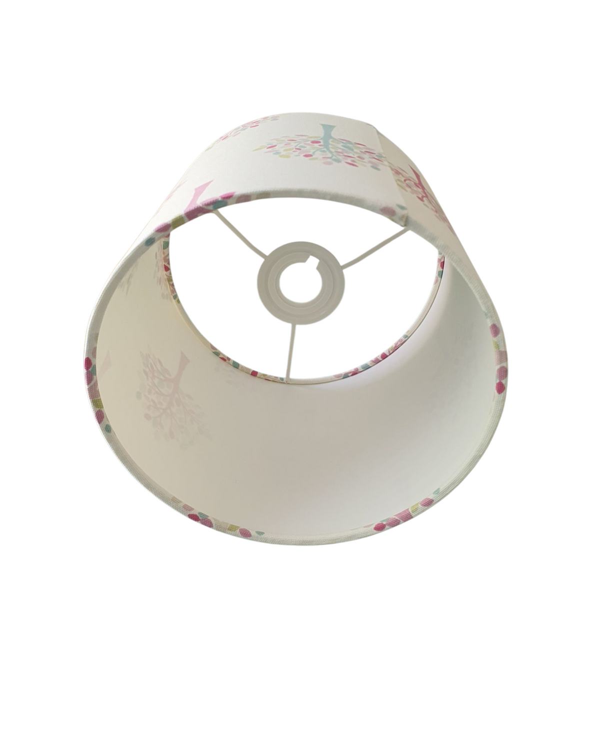Another photo of the handmade 20cm drum lampshade looking from the top of the lampshade to the bottom of the shade.  This photo also shows the fabric tucked into the ring which is all done by hand.