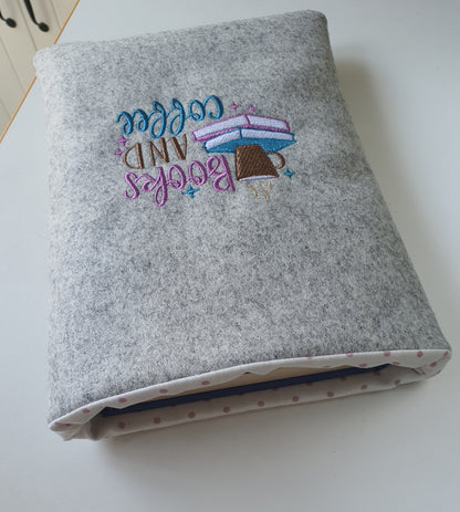 Handmade Embroidered Padded Book Pouch - Book Lovers Gift - Books and Coffee