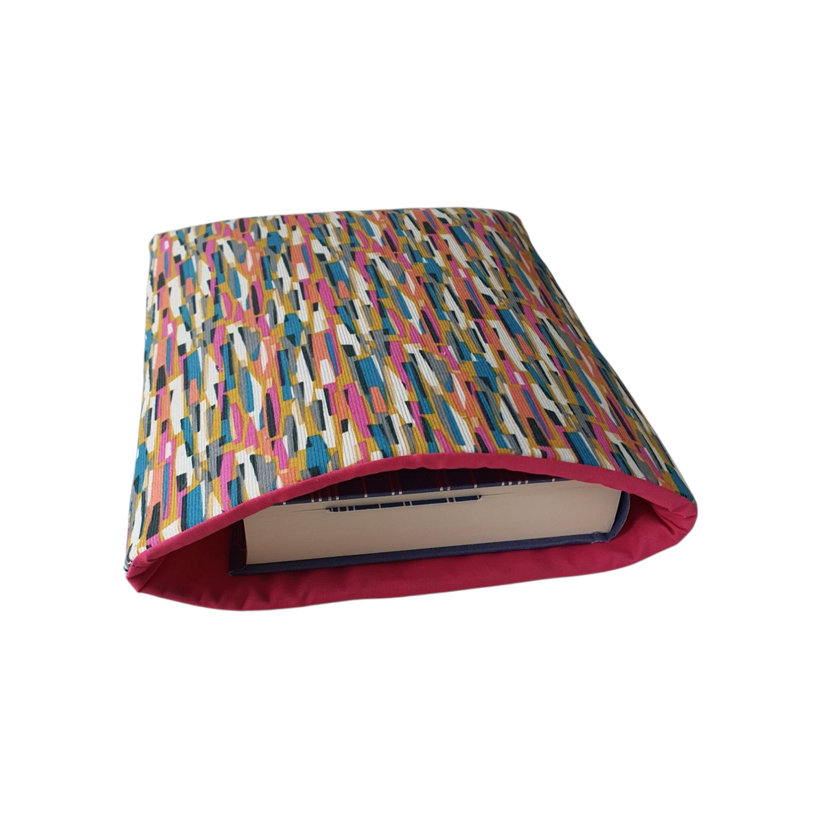 Handmade foam padded multicolour striped Book Pouch with complementing pink fabric used to line the Book Pouch.  An Ideal Book Lovers Gift to protect paperback and medium hardback books from wear and tear whilst on the go.