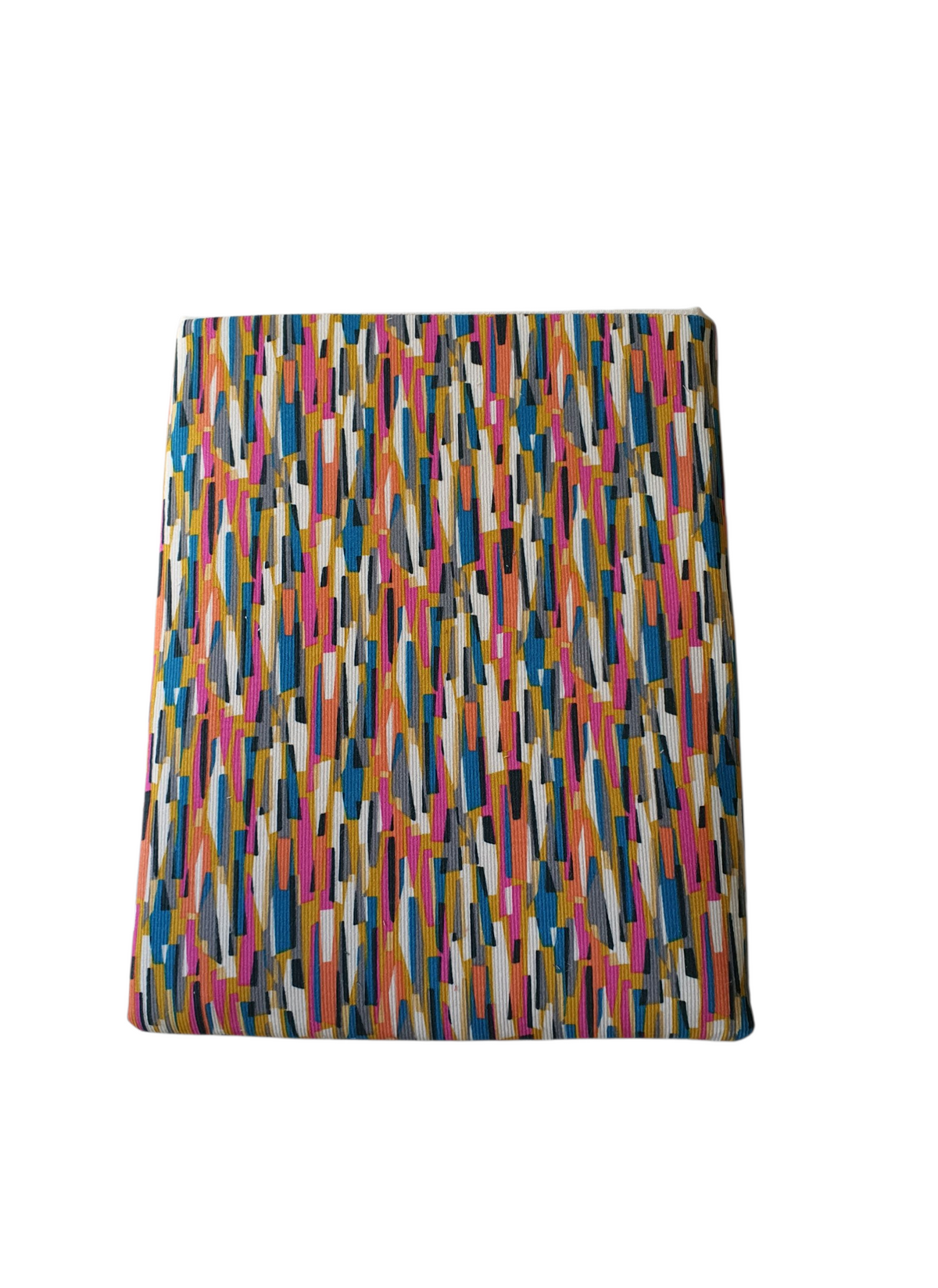 This photo shows full multicolour stripe pattern of the foam padded handmade Book Pouch.  The handmade Book Sleeve is approximately 8inches by 10 inches (20cms x 25.5cms).
