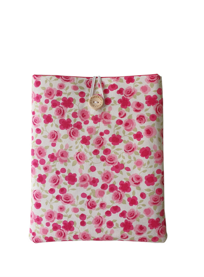 Handmade padded Book Pouch, made with floral fabric, padded with fusible wadding, lined with complementing pink fabric and fastens with elastic and a button.  This would be an ideal Book Lovers Gift.