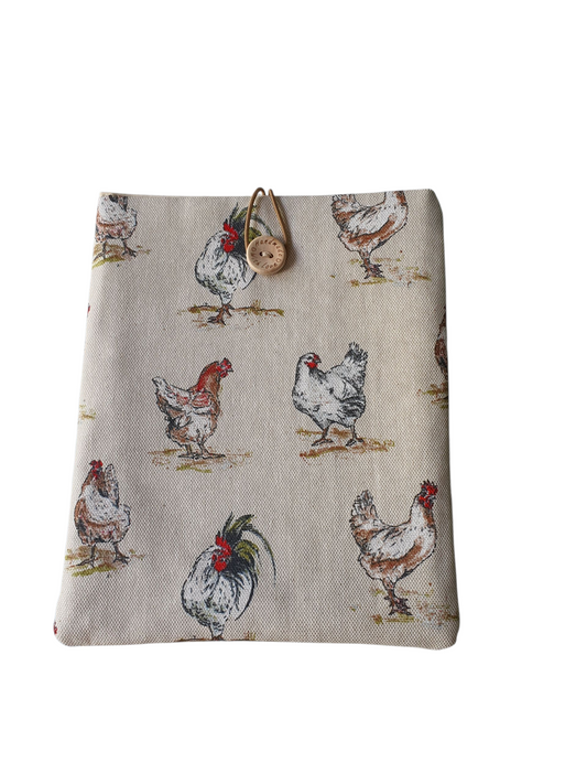 Chicken and Hens Padded Book Sleeve, showing the fabric pattern