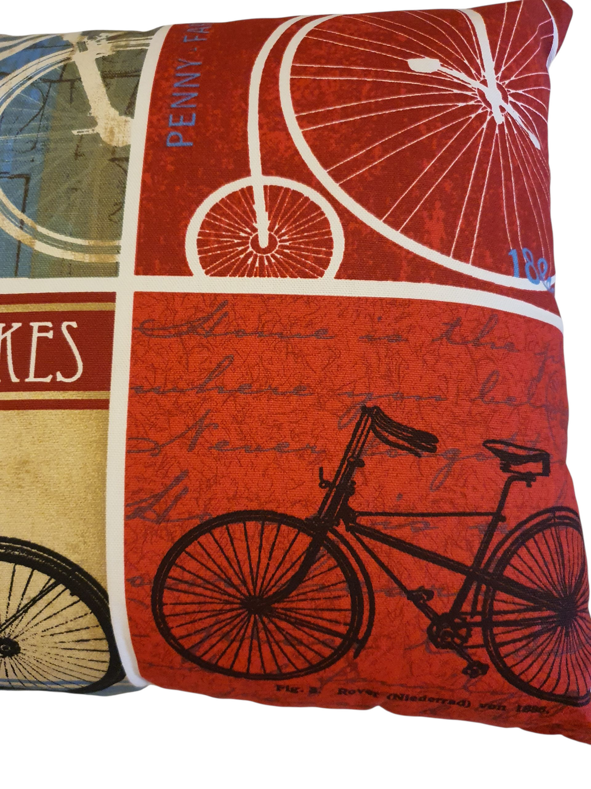 A close up of one side of the cyclist pattern on the cushion
