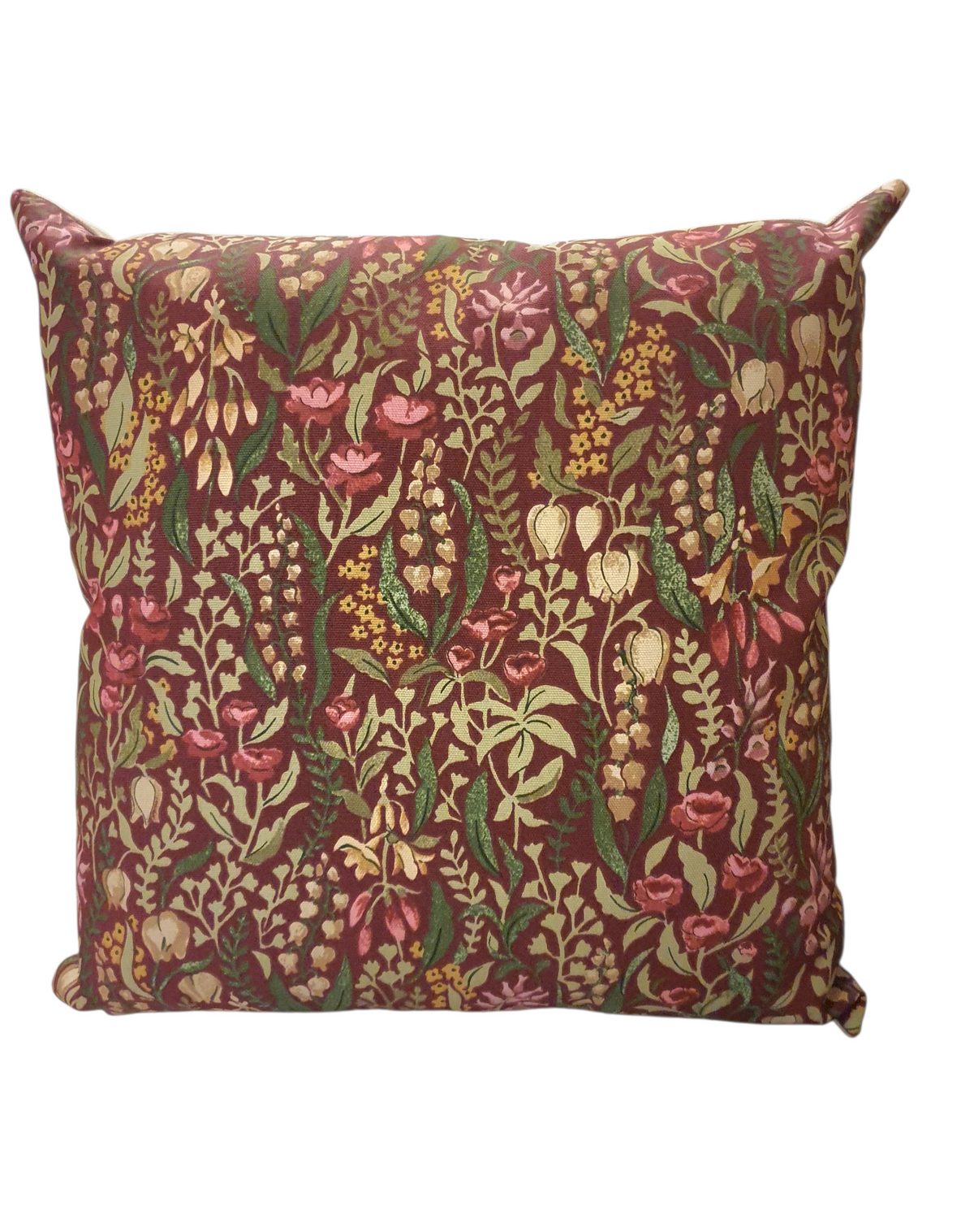 Handmade zipped cushion cover made with iLiv Kelmscott Claret fabric to the front of the cushion cover. The cushion cover is complemented by neutral fabric on the reverse and fastens with a zip.