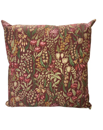 Handmade zipped cushion cover made with iLiv Kelmscott Claret fabric to the front of the cushion cover. The cushion cover is complemented by neutral fabric on the reverse and fastens with a zip.