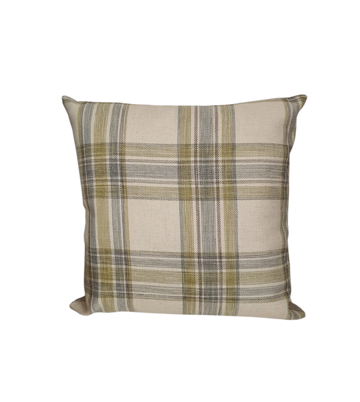 Handmade zipped cushion cover with green tartan patterned front and complemented with neutral fabric on the reverse.  The cushion cover fastens with an enclosed zip in the reverse of the cushion cover.