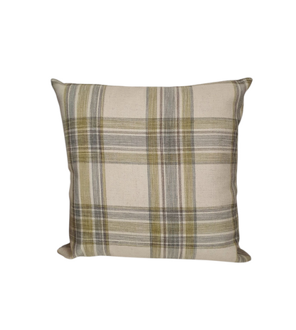 Handmade zipped cushion cover with green tartan patterned front and complemented with neutral fabric on the reverse.  The cushion cover fastens with an enclosed zip in the reverse of the cushion cover.