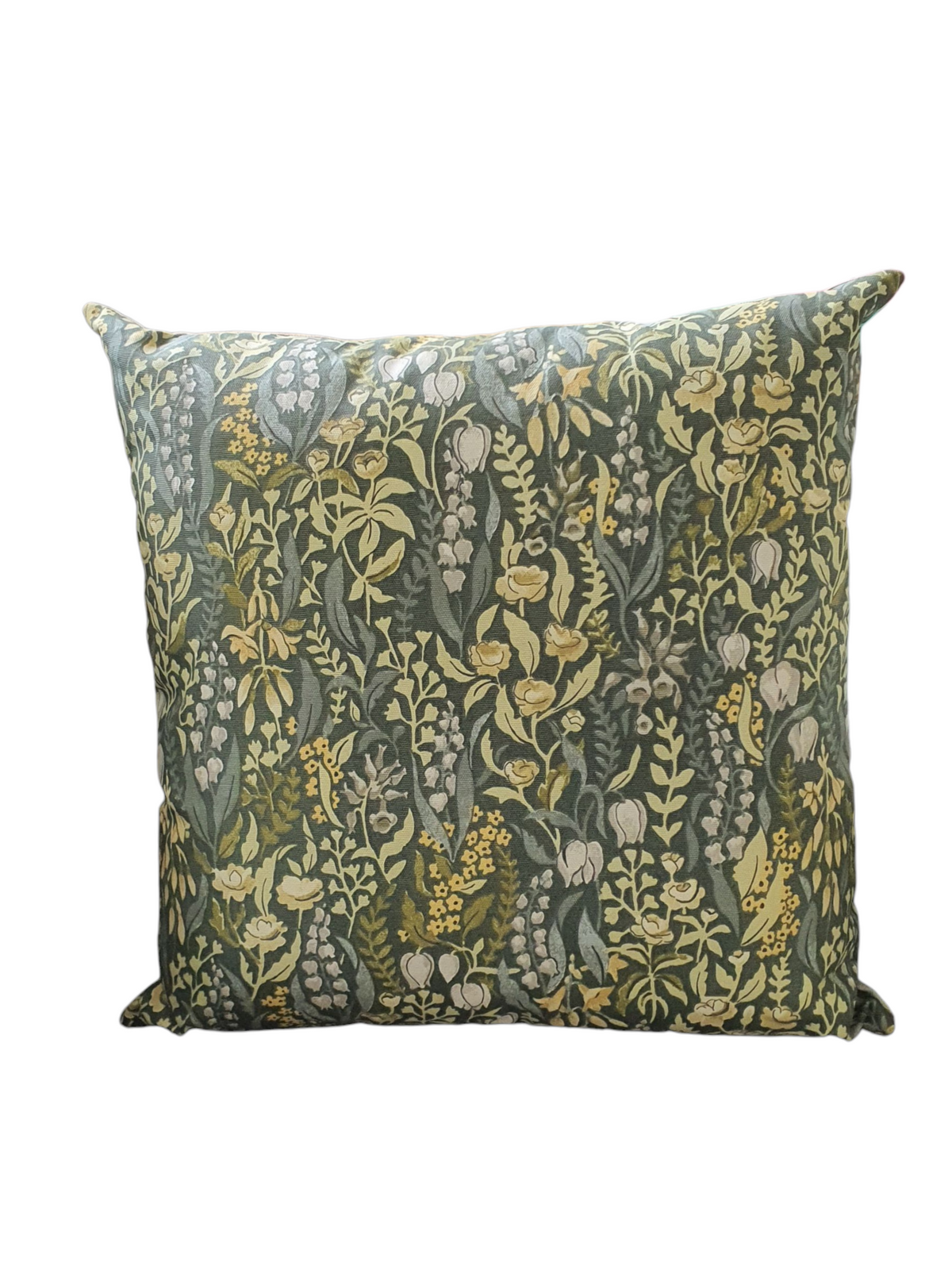 Handmade zipped cushion cover with with Kelmscott green floral fabric.  The floral pattern is on a green background.