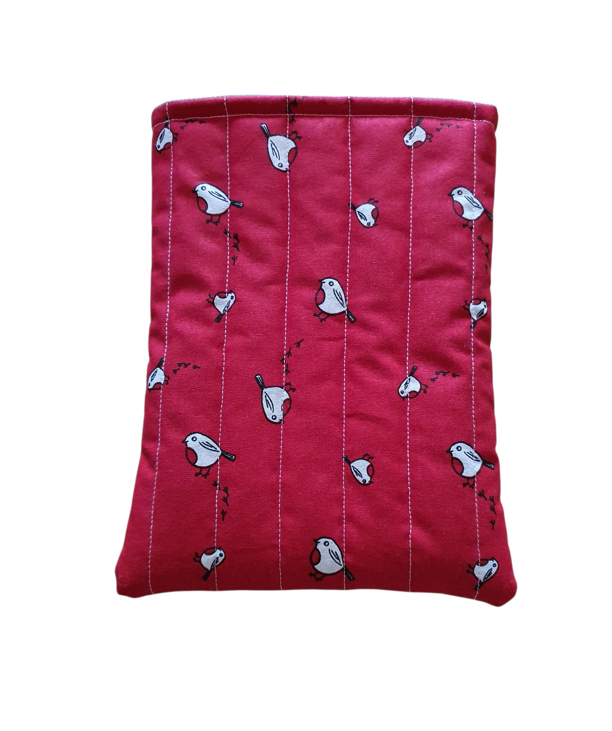 Handmade padded Book Pouch made with fabric with a pattern of Red Robins on a red background.  The Book Pouch has also been quilted as indicated in the photo.