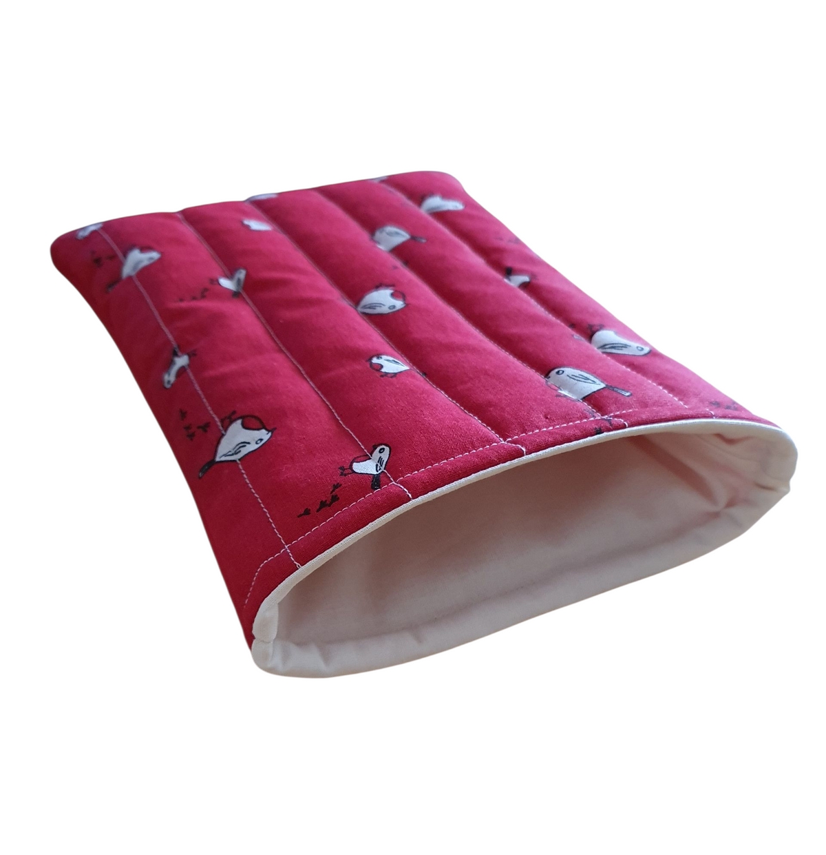 The Red Robin patterned fabric used to make the Book Pouch is complemented with neutral fabric.