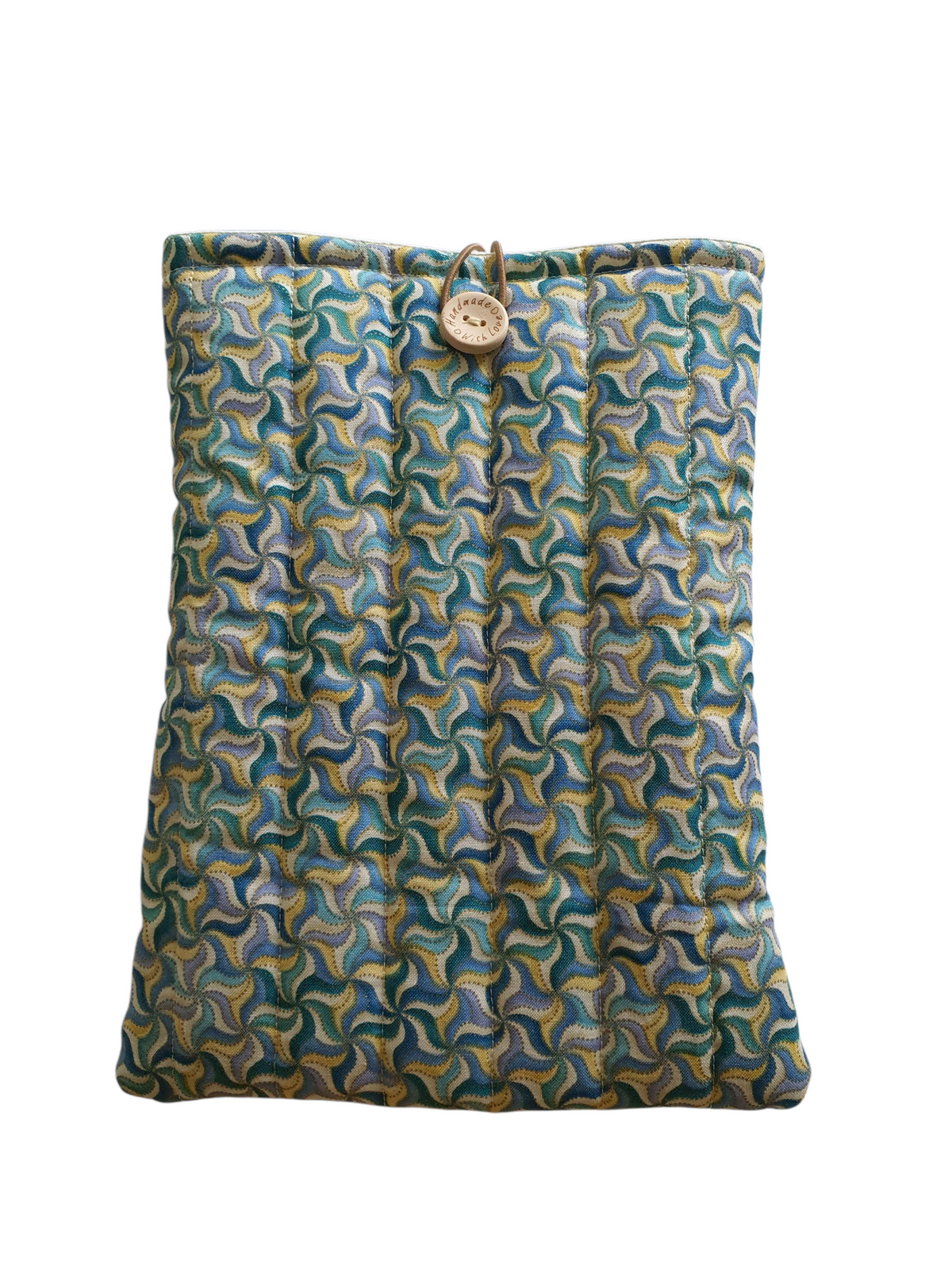 The front of the padded Book Pouch where the pinwheel pattern is clearer to see with the colours of yellow, blue and white.