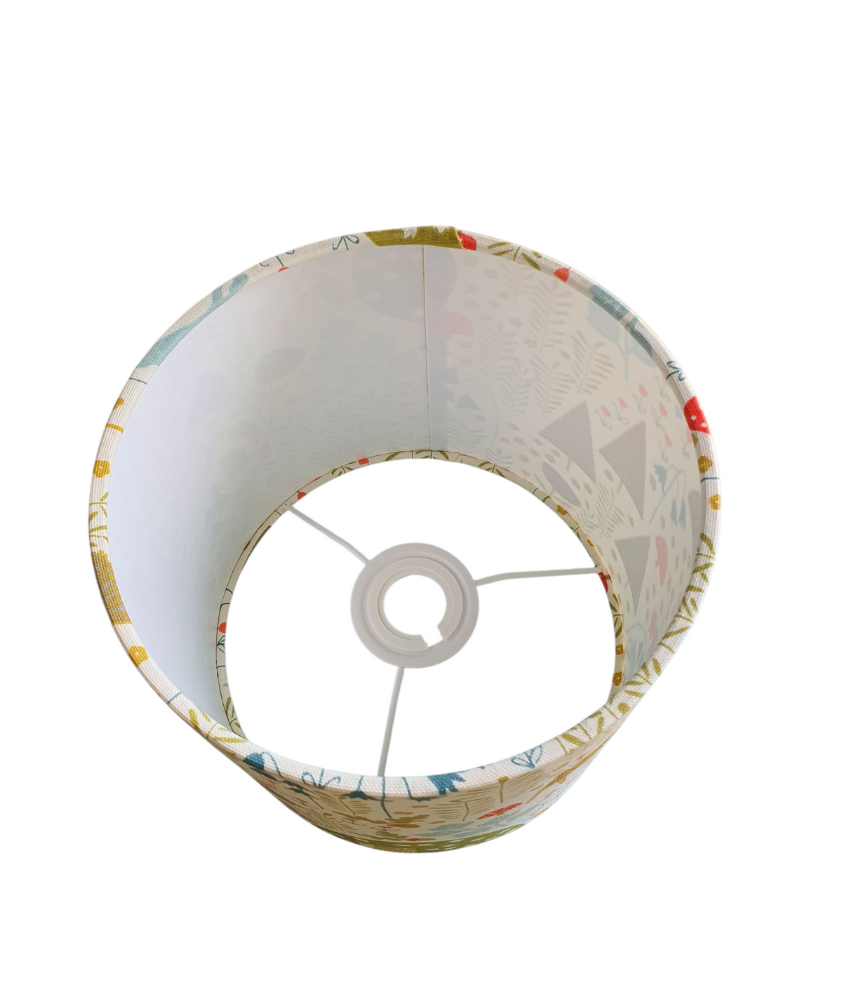 A view of drum lampshade looking from the top of the shade towards the fitting for a lamp.