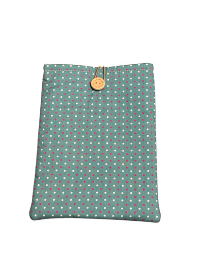 Handmade padded Book Pouch made with polka dot pattern on a teal background fabric.  The handmade Book Cover is approximately 20.5cms x 16cms and would also protect a Kindle/e-Reader but check the measurement of your device prior to placing an order.
