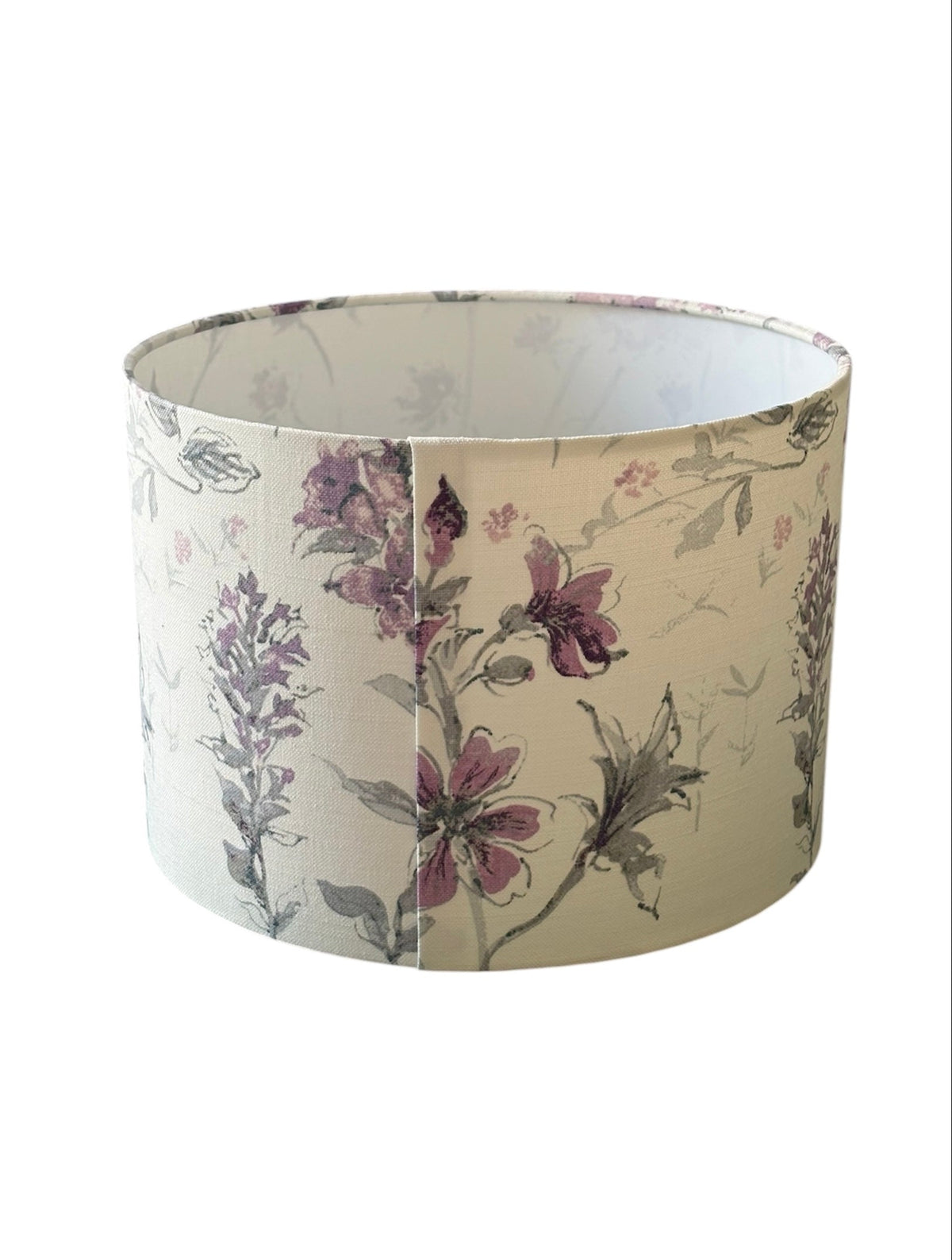 Laura Ashley Wild Meadow drum lampshade view showing the floral pattern at the fabric join.