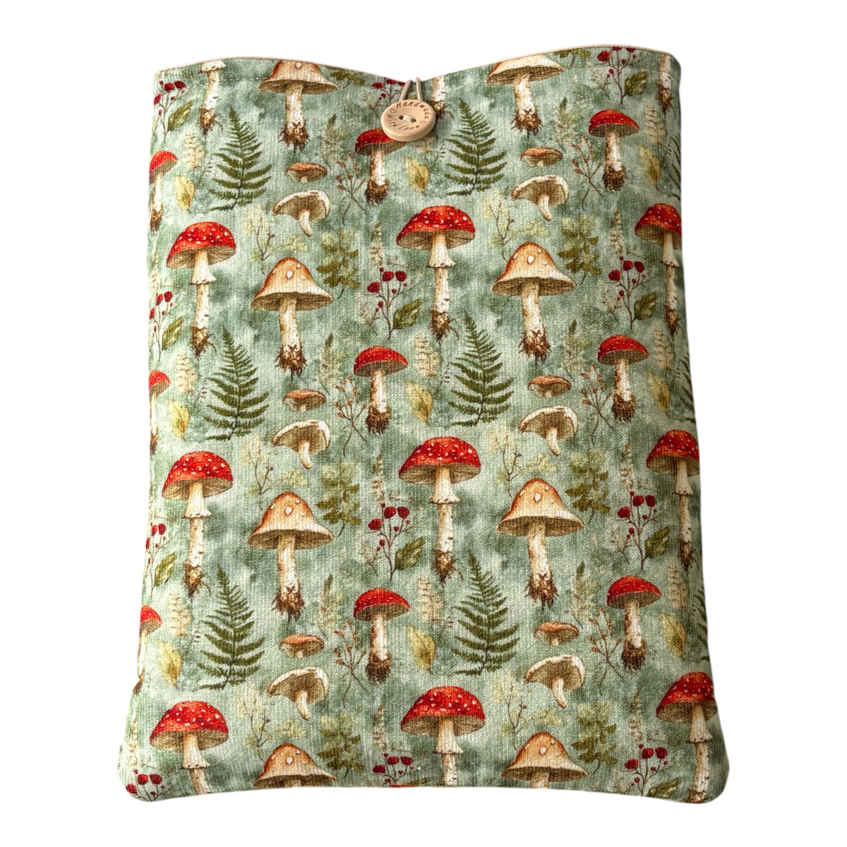 Handmade padded iPad, or use as a Book Pouch, made with fine needlecord Toadstool themed pattern fabric, lined with neutral fabric, padded with fusible fleece, polyester wadding with elastic and button fastening.
