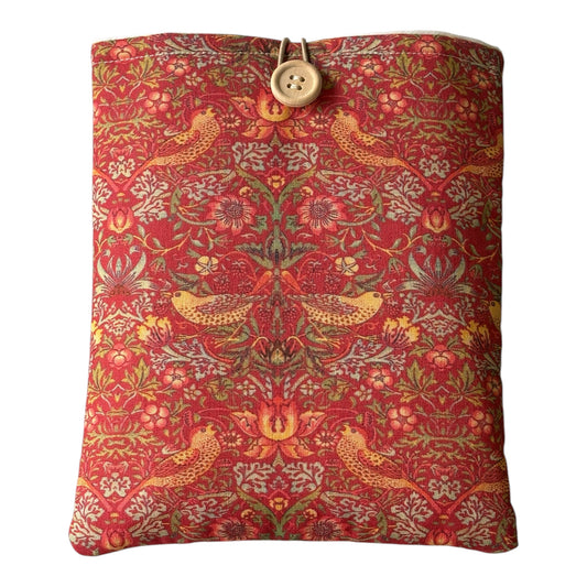 Red Strawberry Thief Padded Book Sleeve, showing the fabric pattern