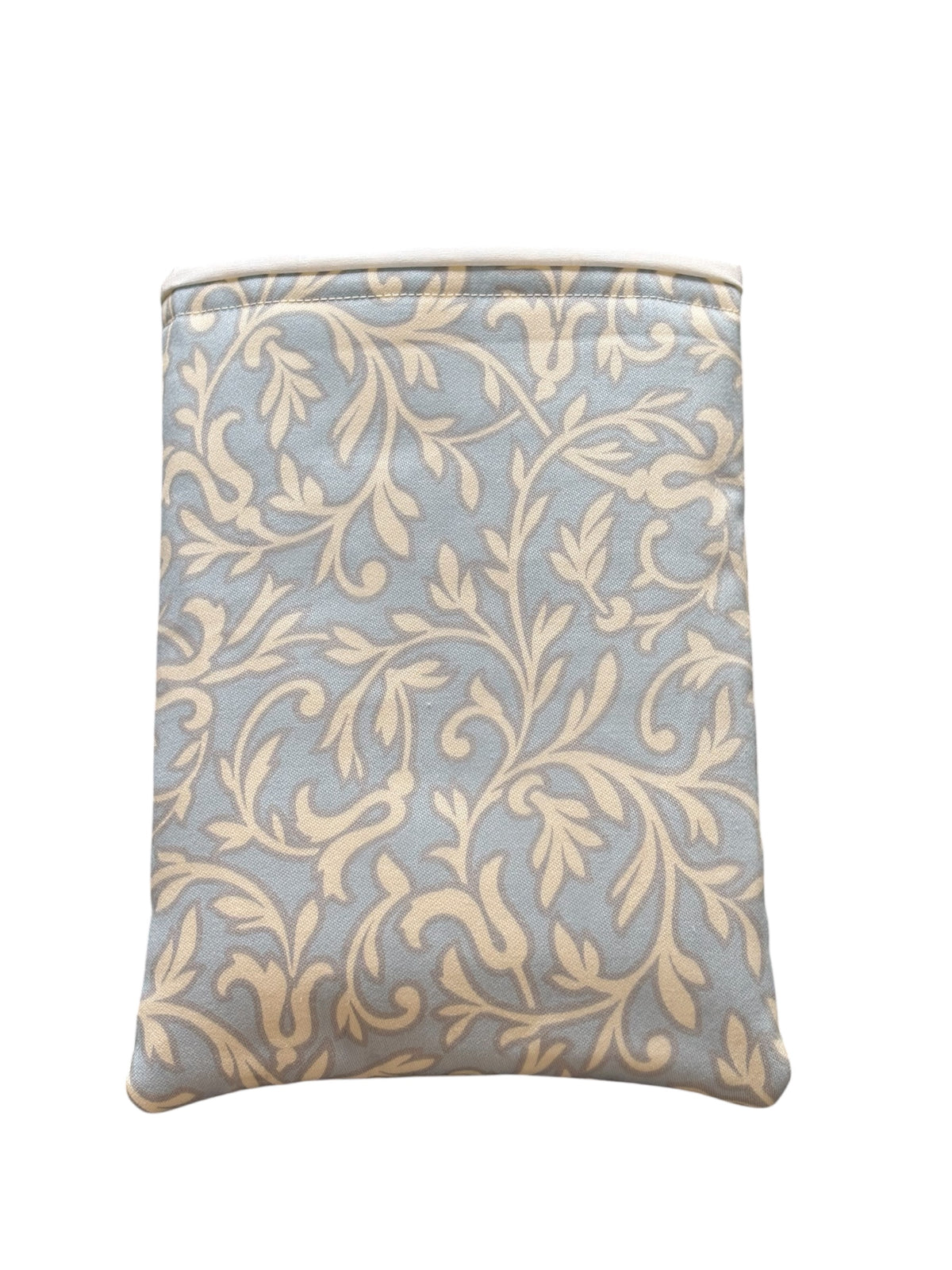 Handmade padded Book Pouch made with pale blue fabric which has a vine leaf style pattern.  The handmade Book Pouch is lined with neutral fabric and padded with fusible fleece.