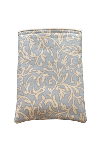 Handmade padded Book Pouch made with pale blue fabric which has a vine leaf style pattern.  The handmade Book Pouch is lined with neutral fabric and padded with fusible fleece.