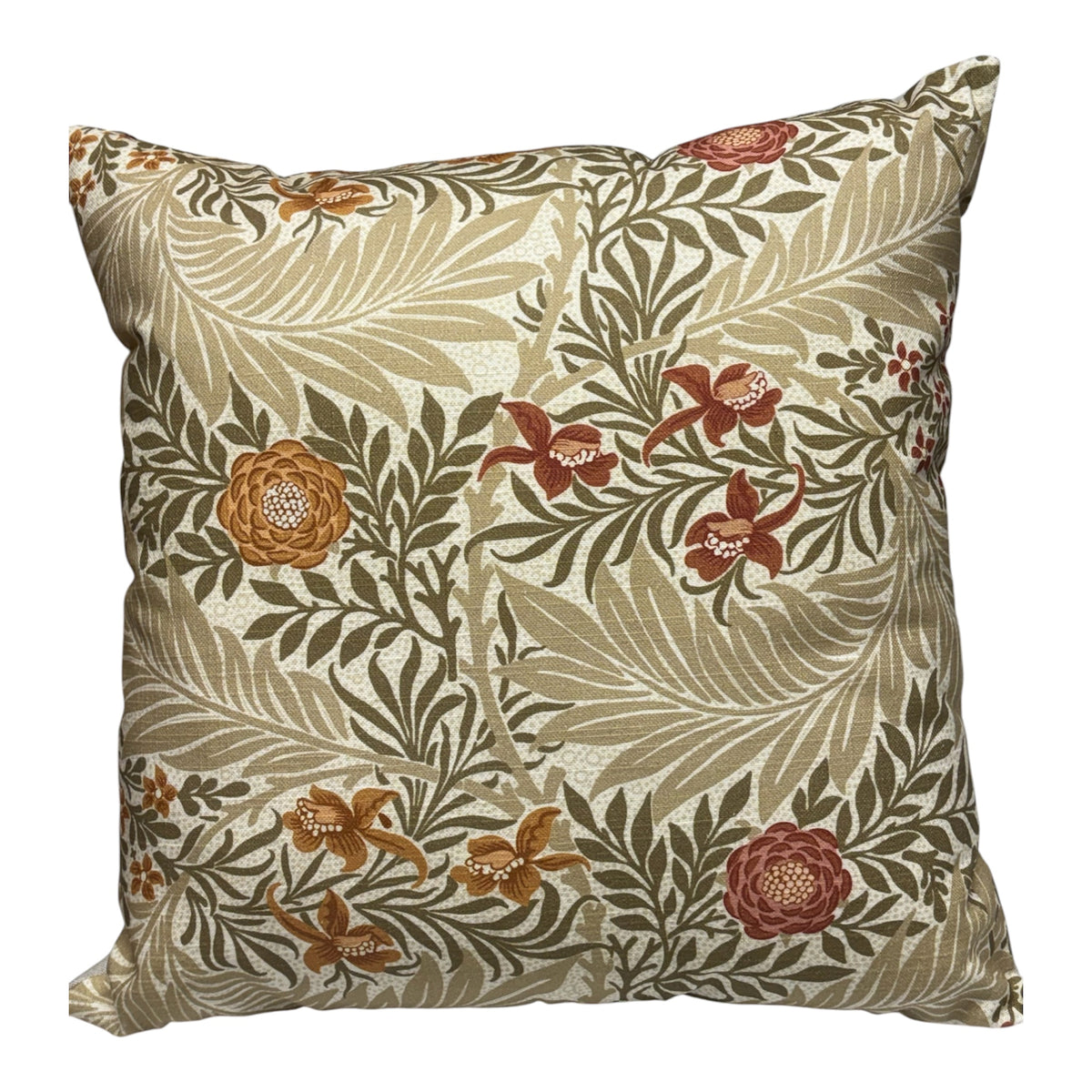 The handmade cushion cover has a patterned front and is approximately 44cms x 44cms (17.5 inches x 17.5 inches) and would be suitable for an 18 inch insert.  Please note the listing is for the cushion cover only and does not include the cushion insert.