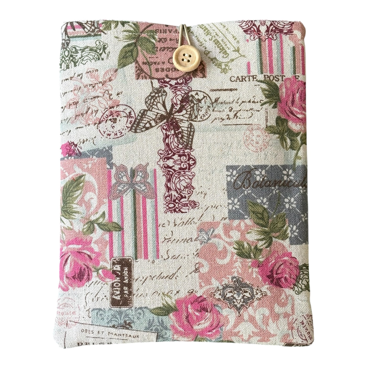The vintage rose and butterflies patterned fabric also includes French style postmarks.  Pattern placement may vary from the listing photos.