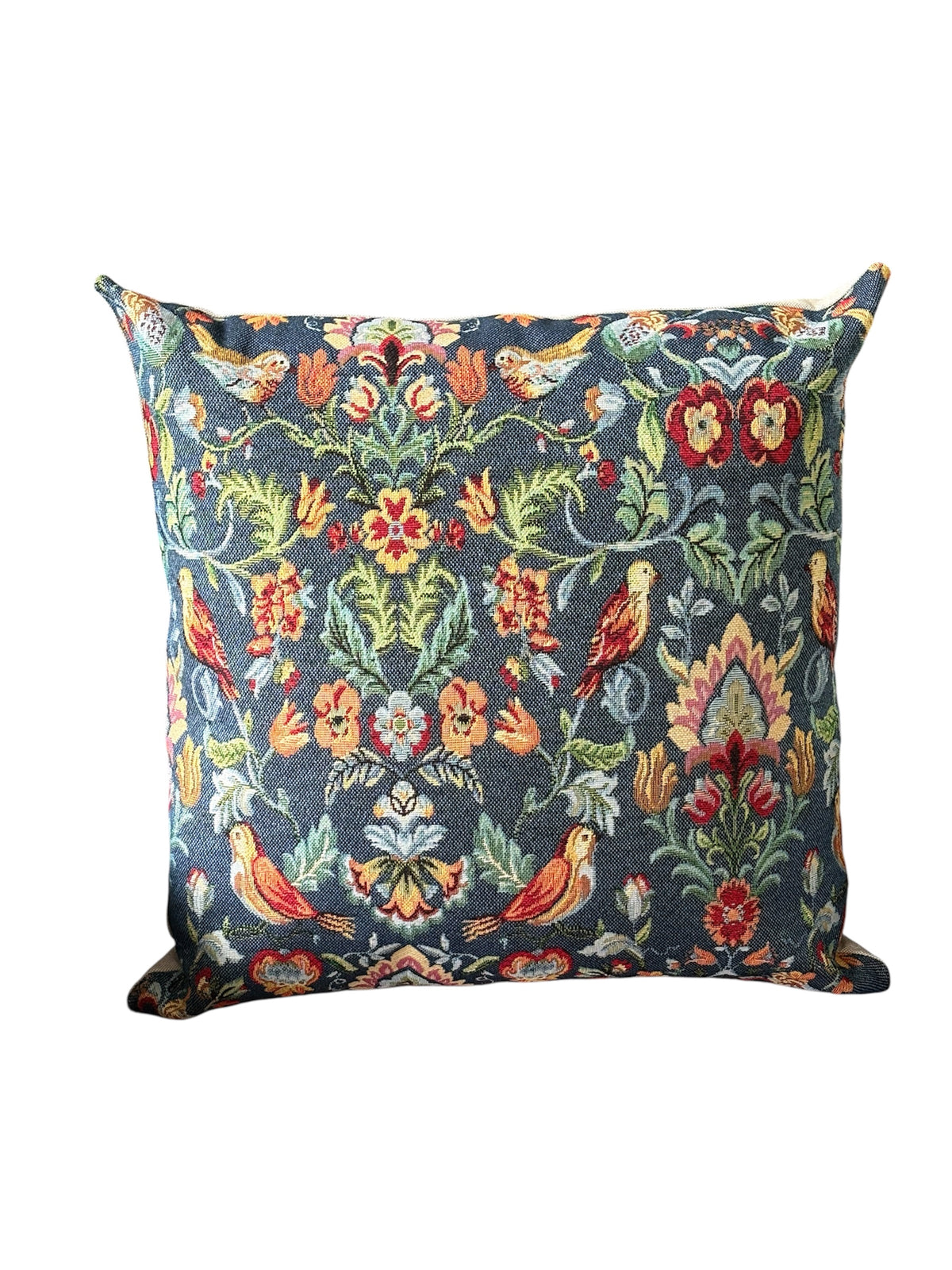 The birds and floral pattern is on a dark blue background, is complemented with neutral fabric on the reverse and fastens with an enclosed zip.  Tapestry fabric is of upholstery quality.