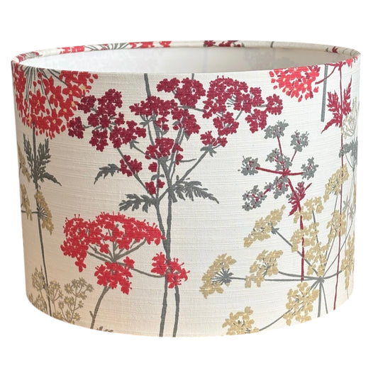 iLiv Hedgerow Ruby Floral drum lampshade with ruby red and grey flowers on cream fabric.