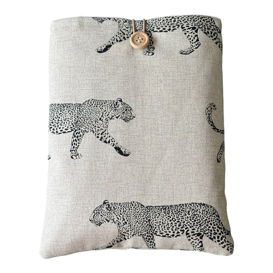Leopard Padded Book Sleeve, showing the fabric pattern