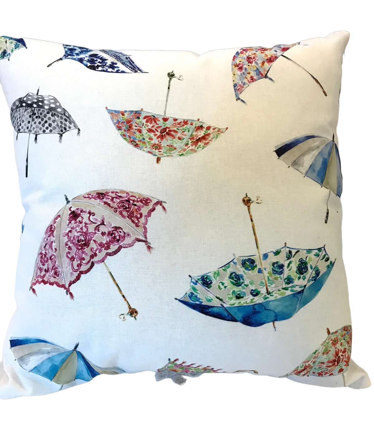 Handmade zipped cushion cover made with floral patterned umbrellas in pastel colours.  The cushion cover is approximately 44cms x 44cms and would be suitable for an 18 inch insert but not the listing is for the cushion cover only.