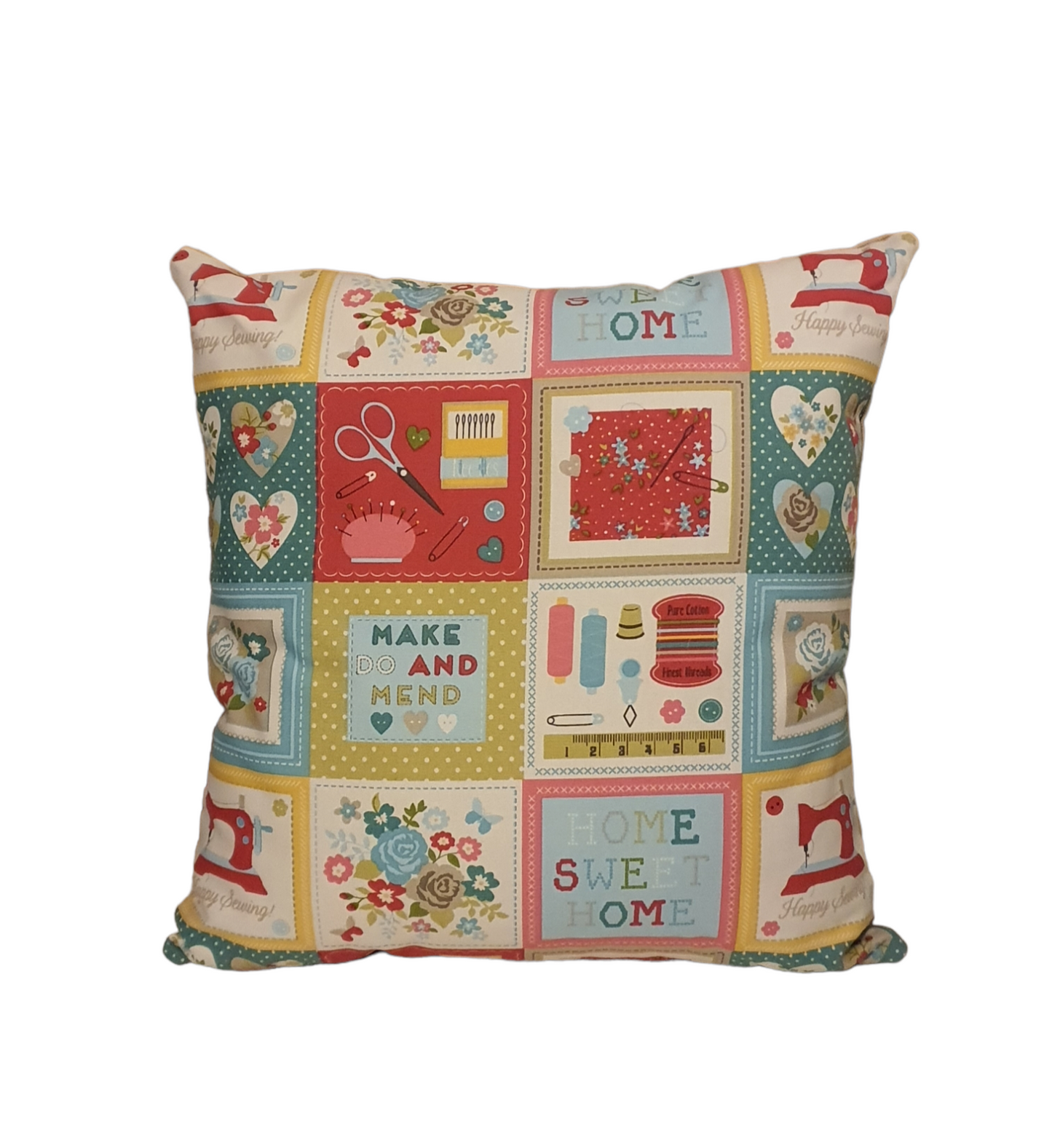 Handmade zipped cushion cover made with pastel colours Home Sweet Home Made Do and Mend fabric.  A great gift idea for a crafter or why not treat yourself.