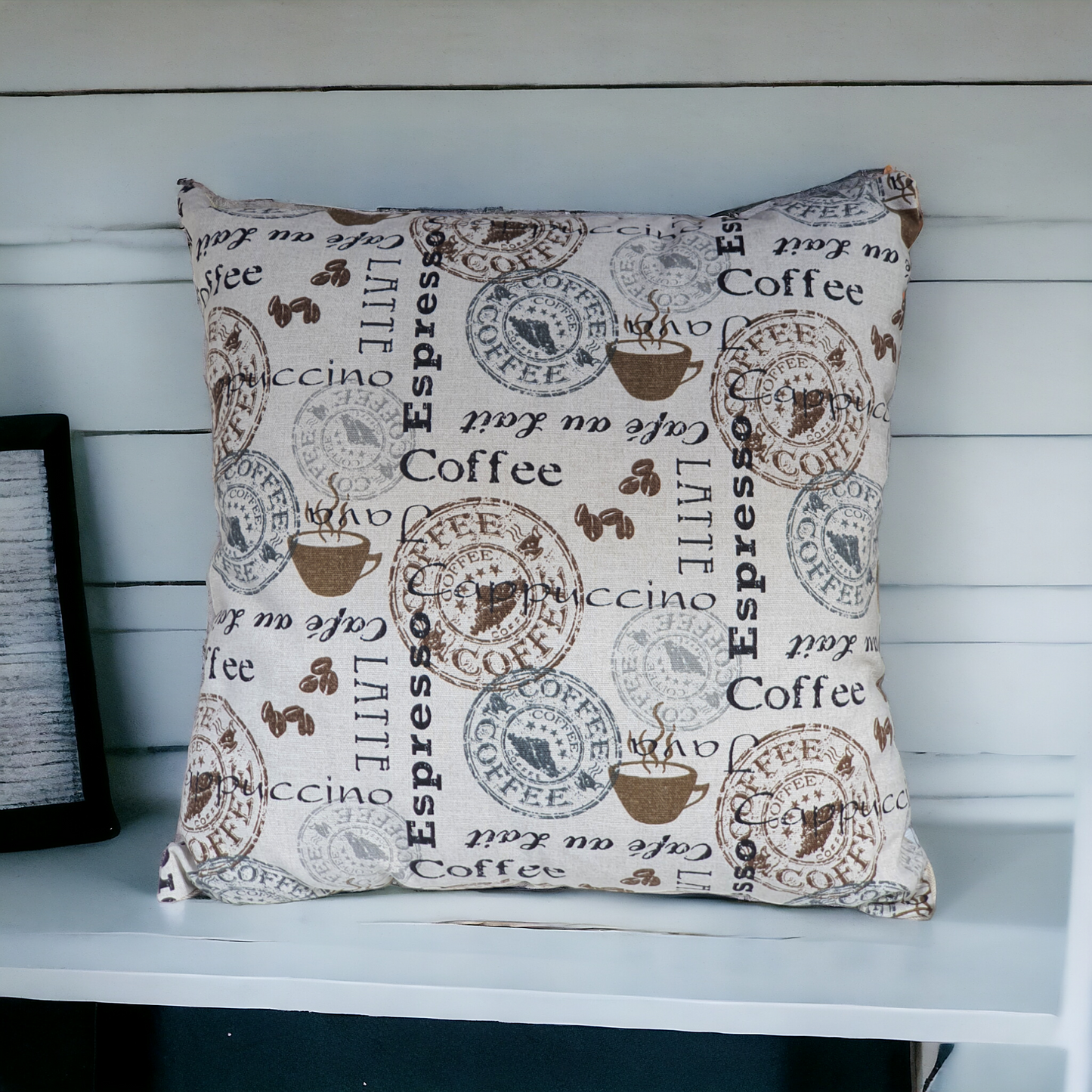 Handmade Zipped Cushion Cover - 18in x 18in Coffee Pattern Fabric