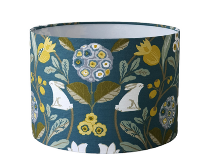 Handmade 30cm Drum Shade - Hare and Flowers Fabric - Teal