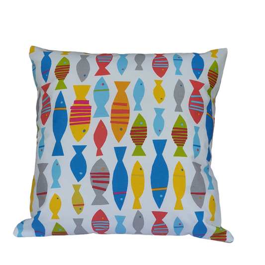 Handmade Zipped Cushion Cover - Multicolour Fish Fabric (18in x 18in)