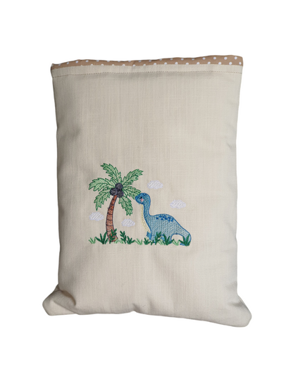 Handmade embroidered dinosaur patterned padded Book Pouch.  A great idea for a Book Lovers Gift.