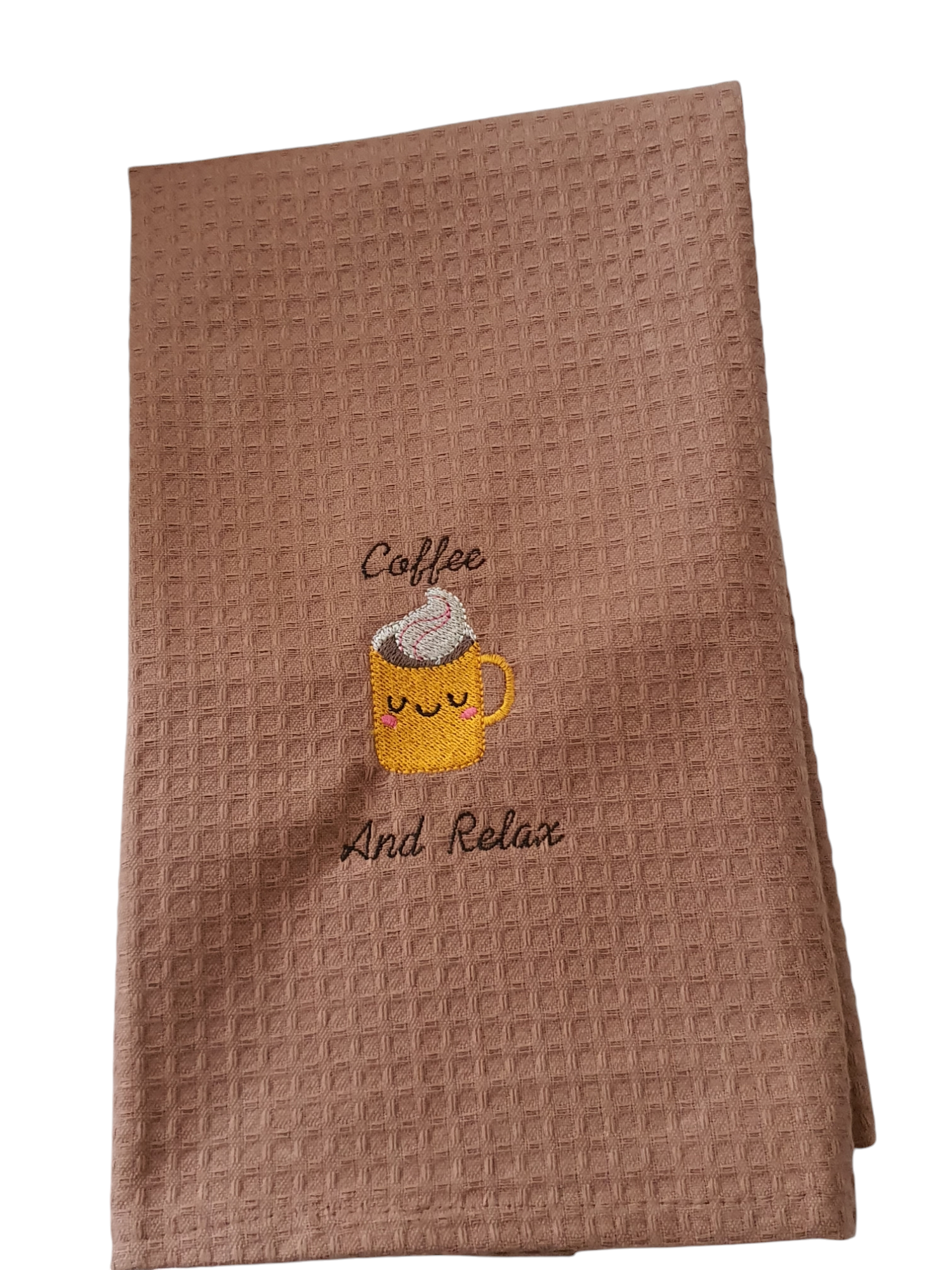 Embroidered coffee pattern on 100% cotton waffle tea towel.