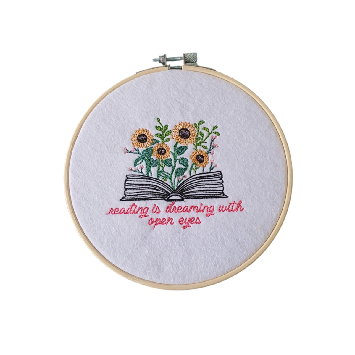 Machine embroidered flowers and open book pattern on white felt and mounted in a 6 inch Bamboo Hoop which would be a lovely gift idea for a Book Lovers Gift.
